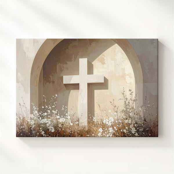 White Cross & Floral Circle Canvas – Peaceful Memorial Faith Wall Art - Gifitto