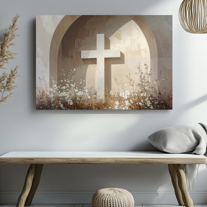 White Cross & Floral Circle Canvas – Peaceful Memorial Faith Wall Art - Gifitto