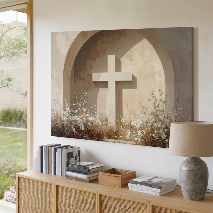 White Cross & Floral Circle Canvas – Peaceful Memorial Faith Wall Art - Gifitto