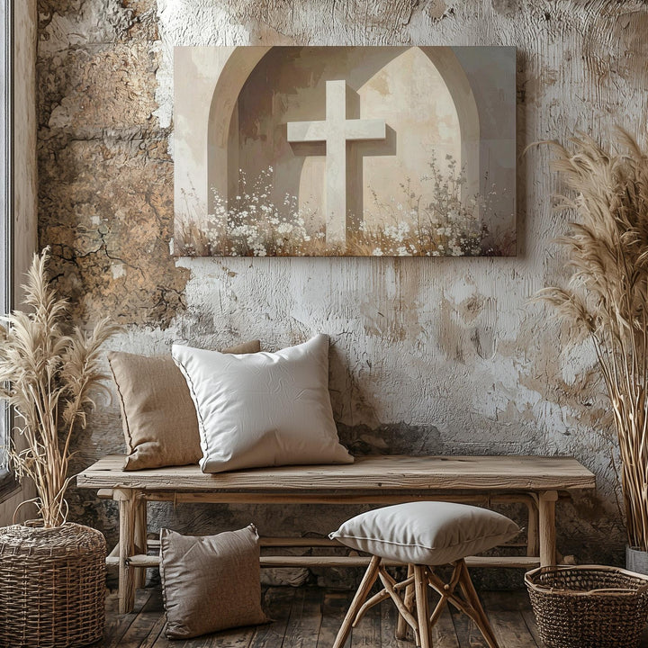 White Cross & Floral Circle Canvas – Peaceful Memorial Faith Wall Art - Gifitto