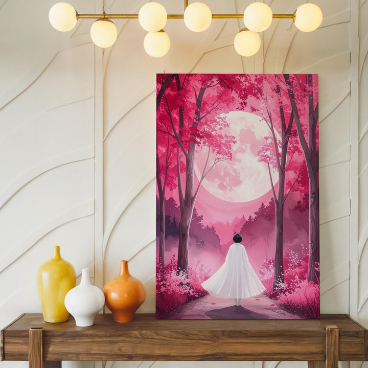 Enchanted Ghost Walk Canvas – Magical Pink Forest & Glowing Moon Art - Gifitto