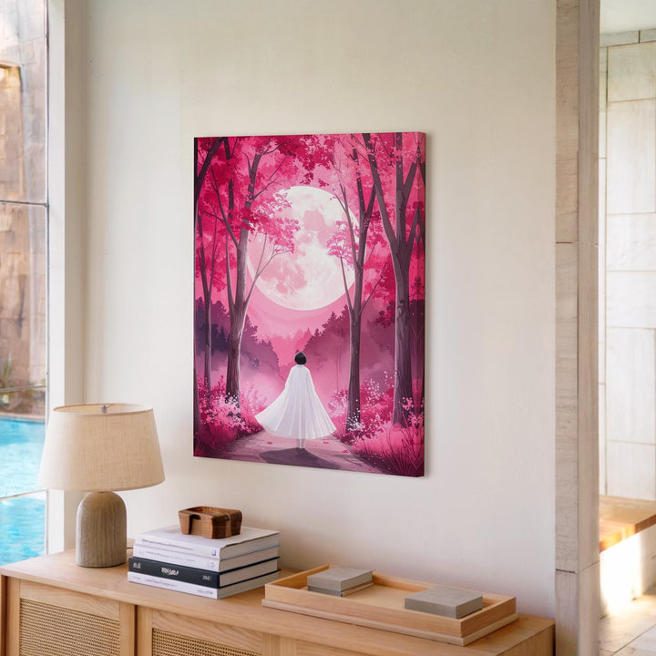 Enchanted Ghost Walk Canvas – Magical Pink Forest & Glowing Moon Art - Gifitto