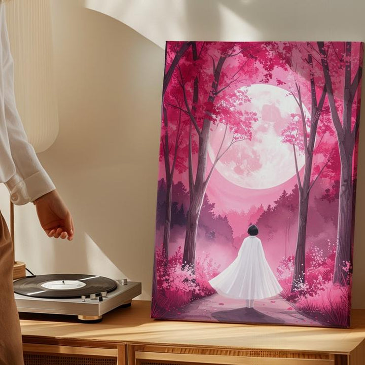 Enchanted Ghost Walk Canvas – Magical Pink Forest & Glowing Moon Art - Gifitto