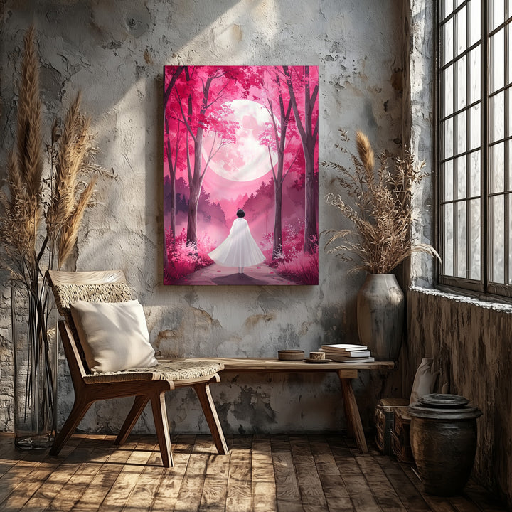 Enchanted Ghost Walk Canvas – Magical Pink Forest & Glowing Moon Art - Gifitto