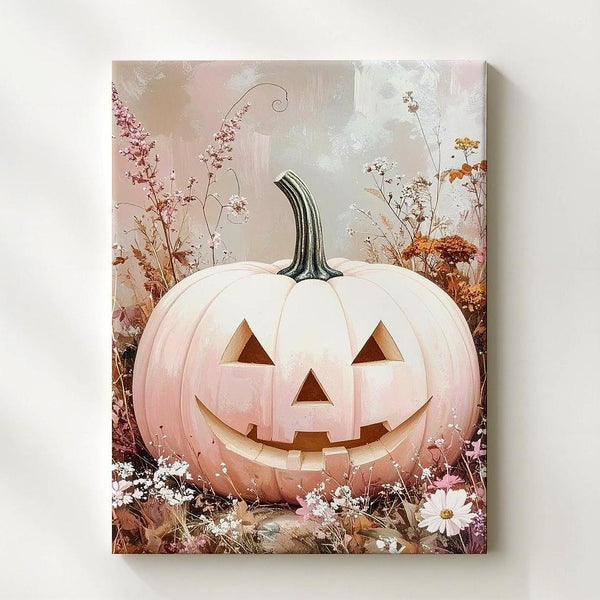 White Pastel Pumpkin & Wildflowers Canvas – Soft Rustic Halloween Wall Art - Gifitto