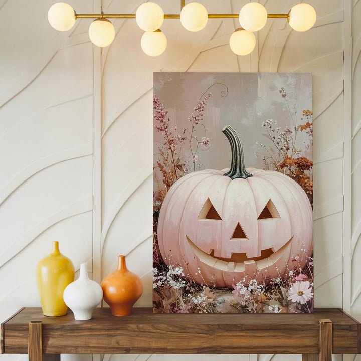White Pastel Pumpkin & Wildflowers Canvas – Soft Rustic Halloween Wall Art - Gifitto