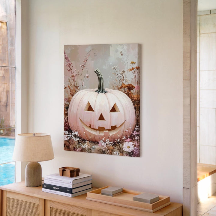 White Pastel Pumpkin & Wildflowers Canvas – Soft Rustic Halloween Wall Art - Gifitto