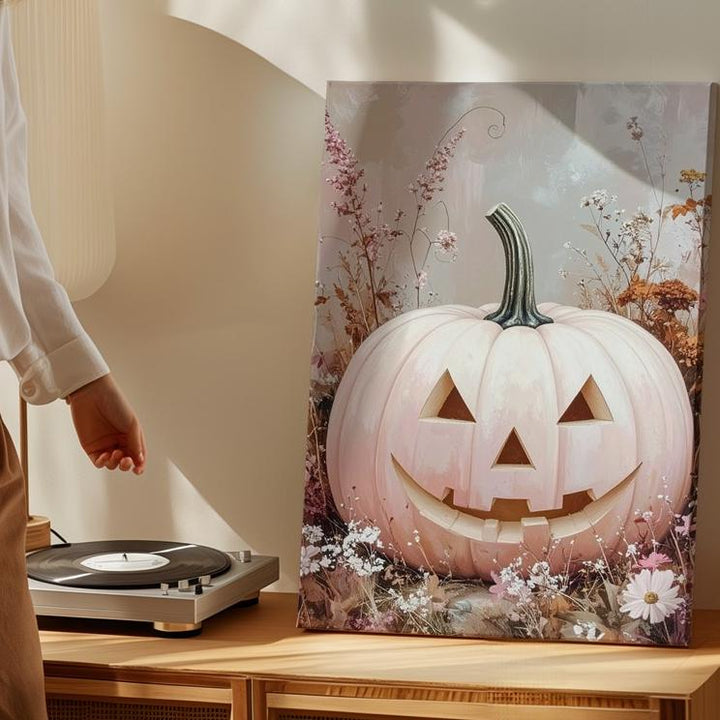 White Pastel Pumpkin & Wildflowers Canvas – Soft Rustic Halloween Wall Art - Gifitto