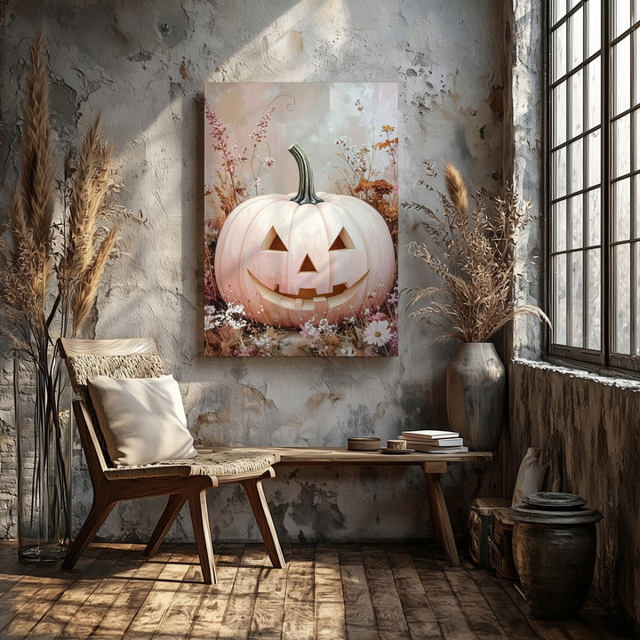 White Pastel Pumpkin & Wildflowers Canvas – Soft Rustic Halloween Wall Art - Gifitto