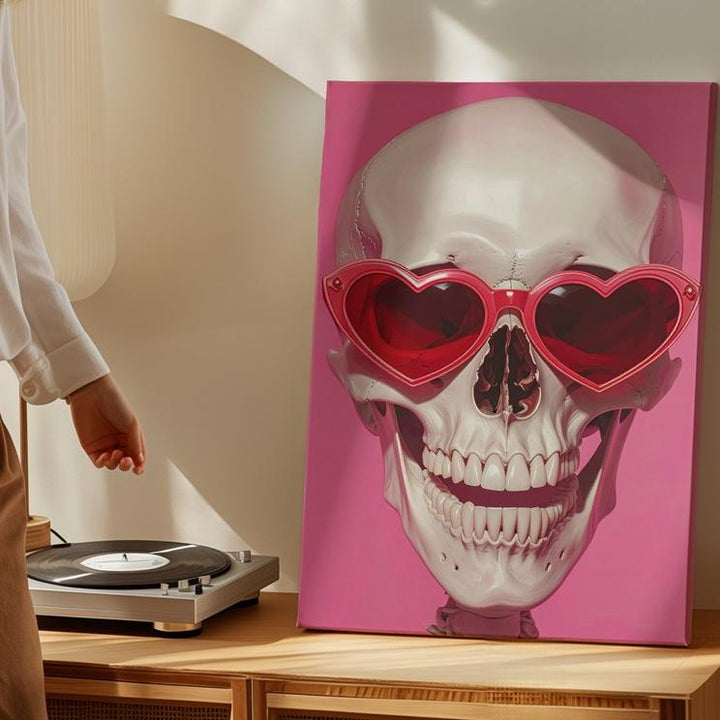Skull with Heart Sunglasses Canvas – Bold Modern Halloween Fashion Art - Gifitto