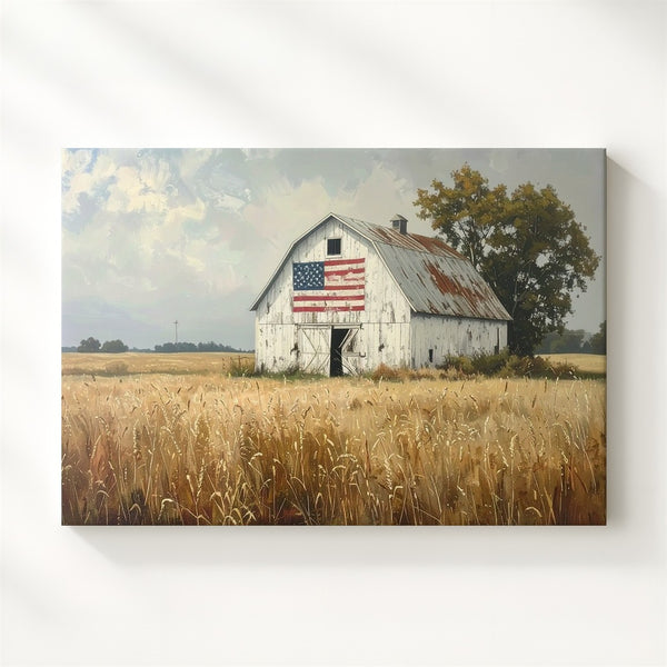 Weathered Barn with Flag Canvas – Quiet Rural Americana Wall Art - Gifitto