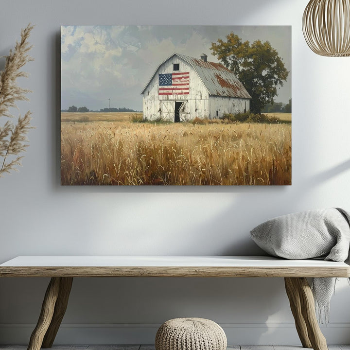 Weathered Barn with Flag Canvas – Quiet Rural Americana Wall Art - Gifitto