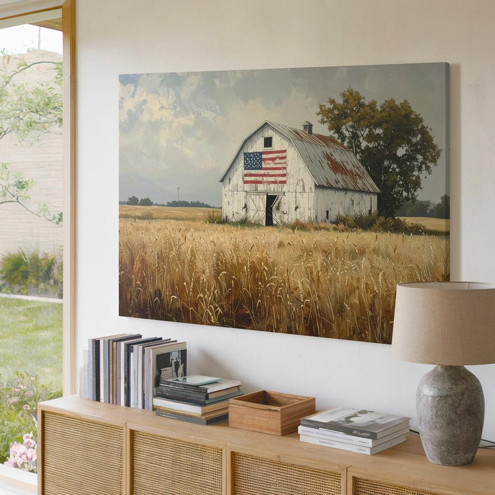 Weathered Barn with Flag Canvas – Quiet Rural Americana Wall Art - Gifitto
