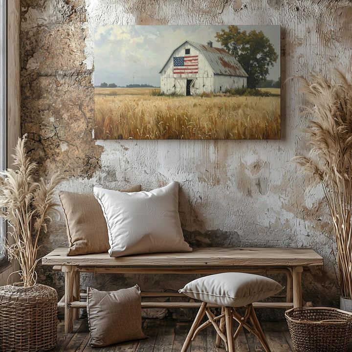 Weathered Barn with Flag Canvas – Quiet Rural Americana Wall Art - Gifitto