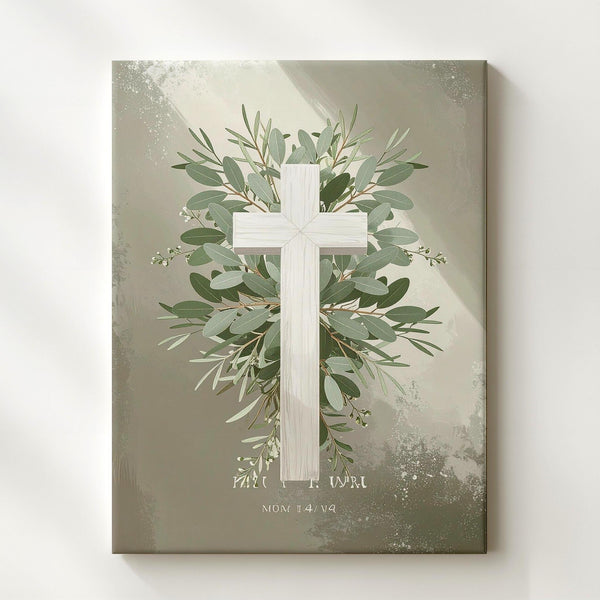 Botanical Cross Canvas – Olive & Eucalyptus Wreath on Soft Beige - Gifitto