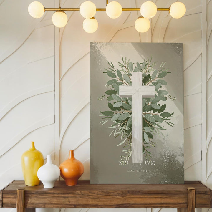 Botanical Cross Canvas – Olive & Eucalyptus Wreath on Soft Beige - Gifitto