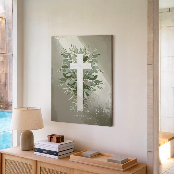 Botanical Cross Canvas – Olive & Eucalyptus Wreath on Soft Beige - Gifitto