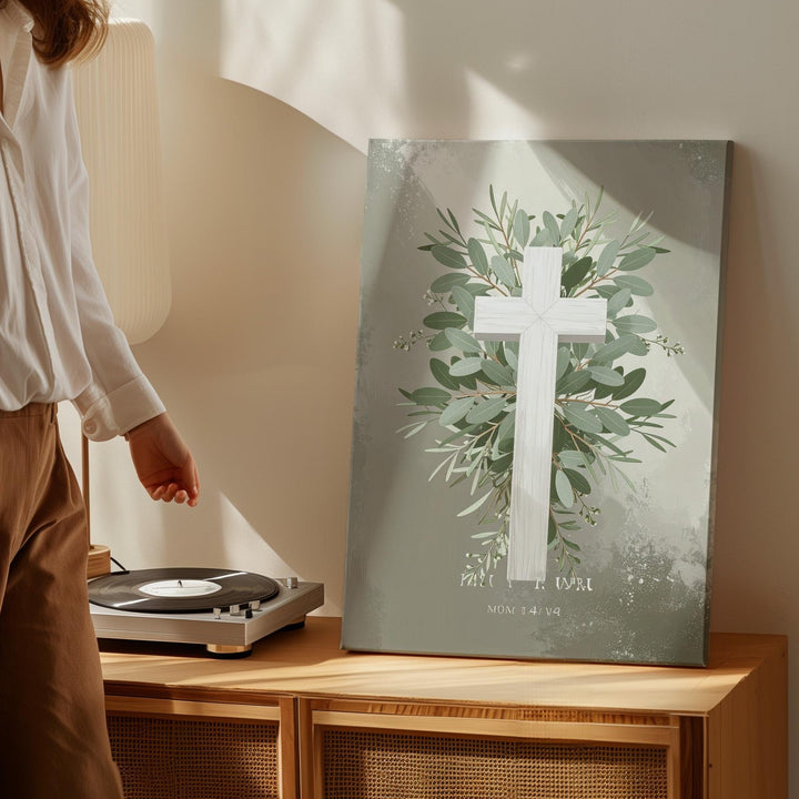 Botanical Cross Canvas – Olive & Eucalyptus Wreath on Soft Beige - Gifitto