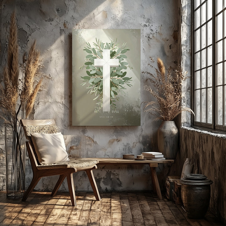 Botanical Cross Canvas – Olive & Eucalyptus Wreath on Soft Beige - Gifitto