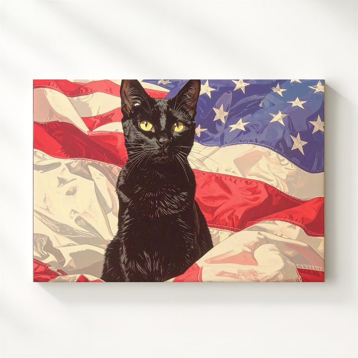 Curious Black Cat & Flag Canvas – Playful Patriotic Feline Wall Art - Gifitto
