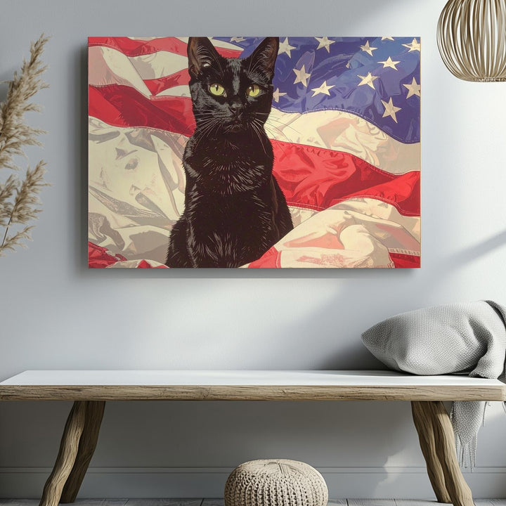 Curious Black Cat & Flag Canvas – Playful Patriotic Feline Wall Art - Gifitto