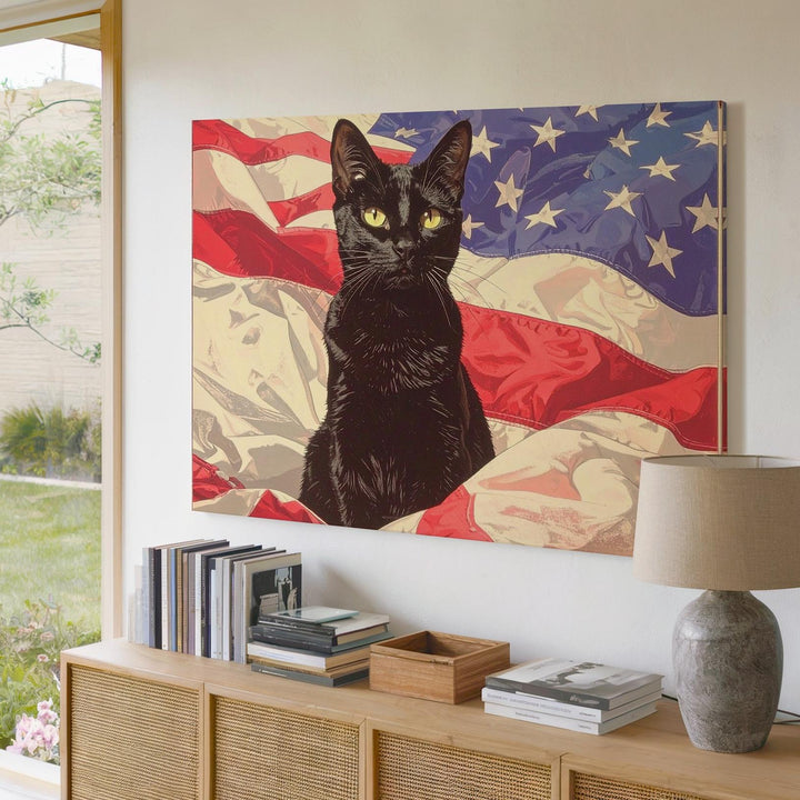 Curious Black Cat & Flag Canvas – Playful Patriotic Feline Wall Art - Gifitto