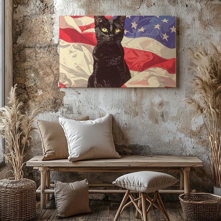 Curious Black Cat & Flag Canvas – Playful Patriotic Feline Wall Art - Gifitto