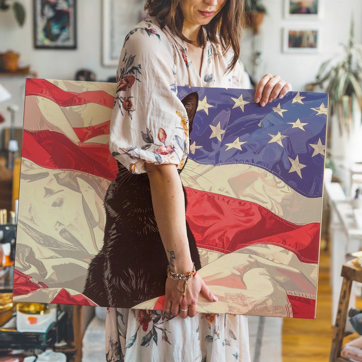 Curious Black Cat & Flag Canvas – Playful Patriotic Feline Wall Art - Gifitto