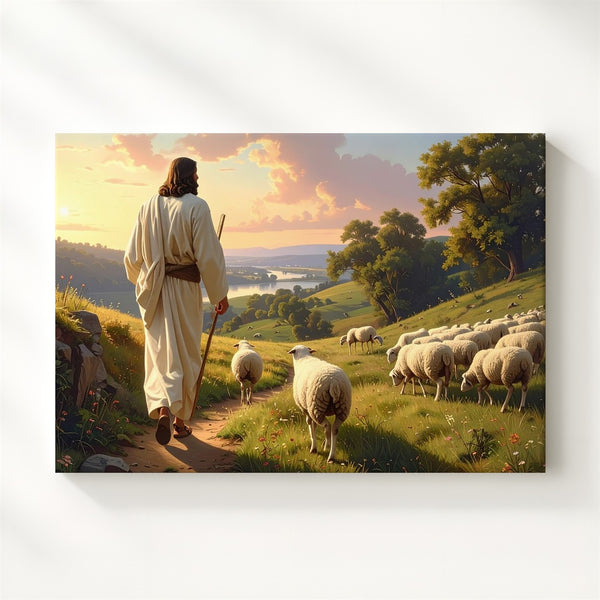 Sunset Shepherd Canvas – Jesus Leading Flock Across Rolling Hills - Gifitto