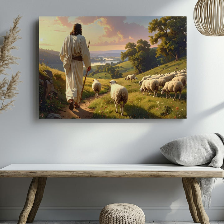 Sunset Shepherd Canvas – Jesus Leading Flock Across Rolling Hills - Gifitto