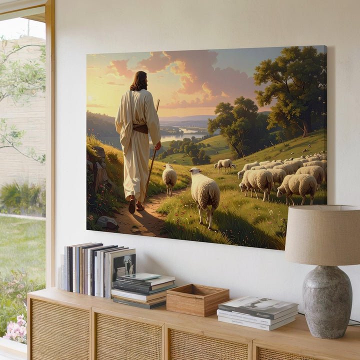 Sunset Shepherd Canvas – Jesus Leading Flock Across Rolling Hills - Gifitto