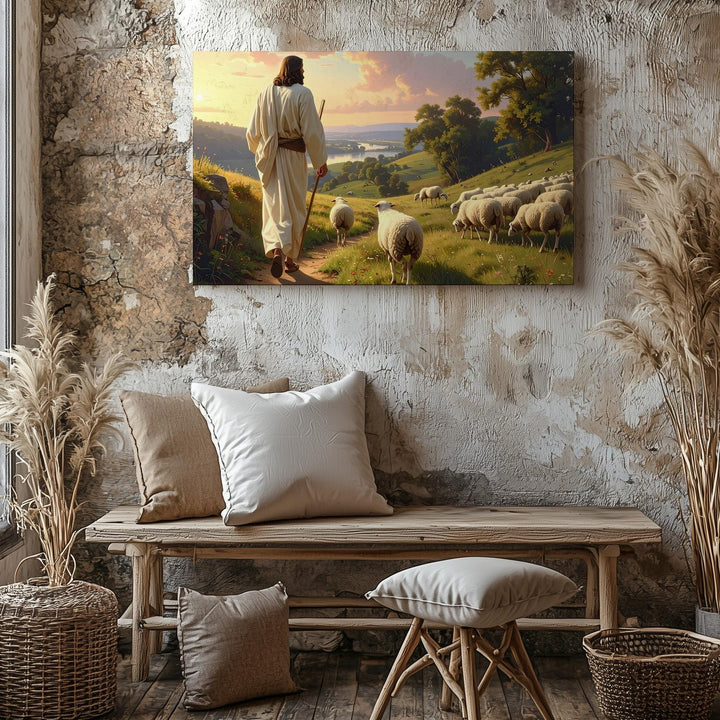 Sunset Shepherd Canvas – Jesus Leading Flock Across Rolling Hills - Gifitto