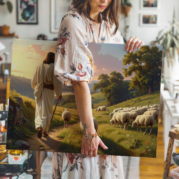 Sunset Shepherd Canvas – Jesus Leading Flock Across Rolling Hills - Gifitto