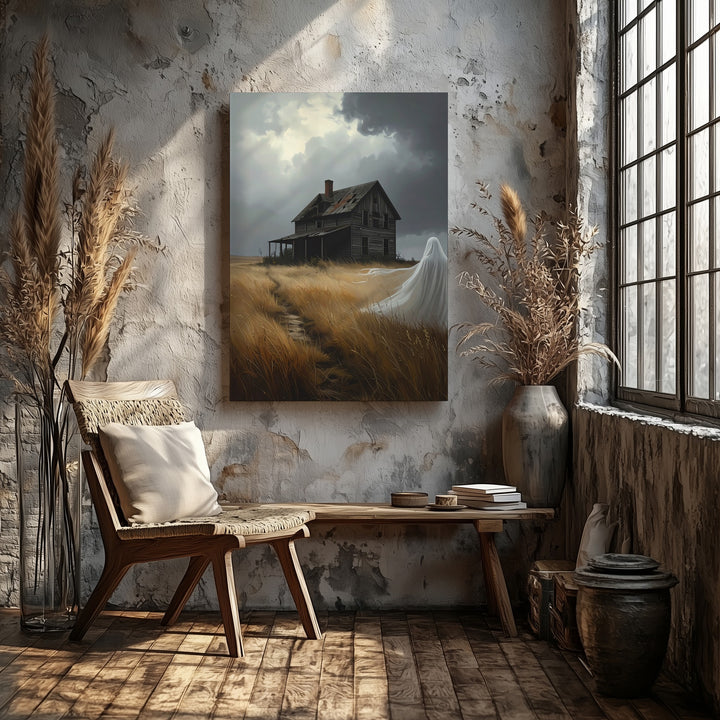 Ghost in the Field Canvas – Abandoned House & Windblown Silence Wall Art - Gifitto