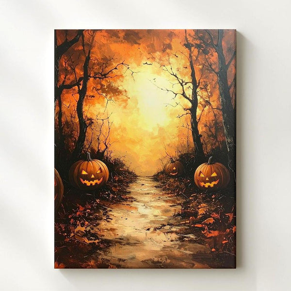 Winding Autumn Trail Canvas – Jack-O'-Lantern Path with Glowing Horizon - Gifitto