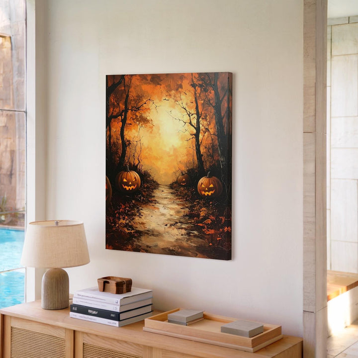 Winding Autumn Trail Canvas – Jack-O'-Lantern Path with Glowing Horizon - Gifitto