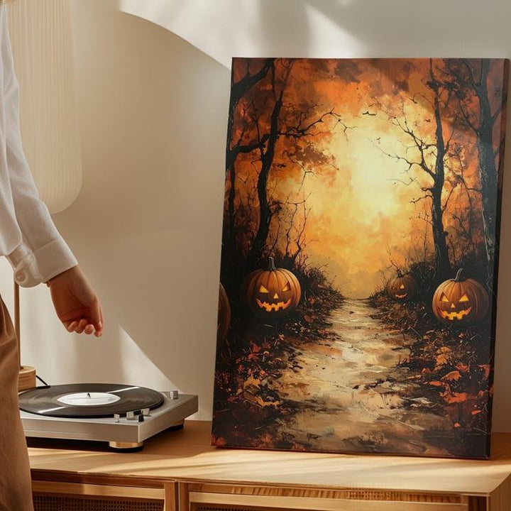Winding Autumn Trail Canvas – Jack-O'-Lantern Path with Glowing Horizon - Gifitto