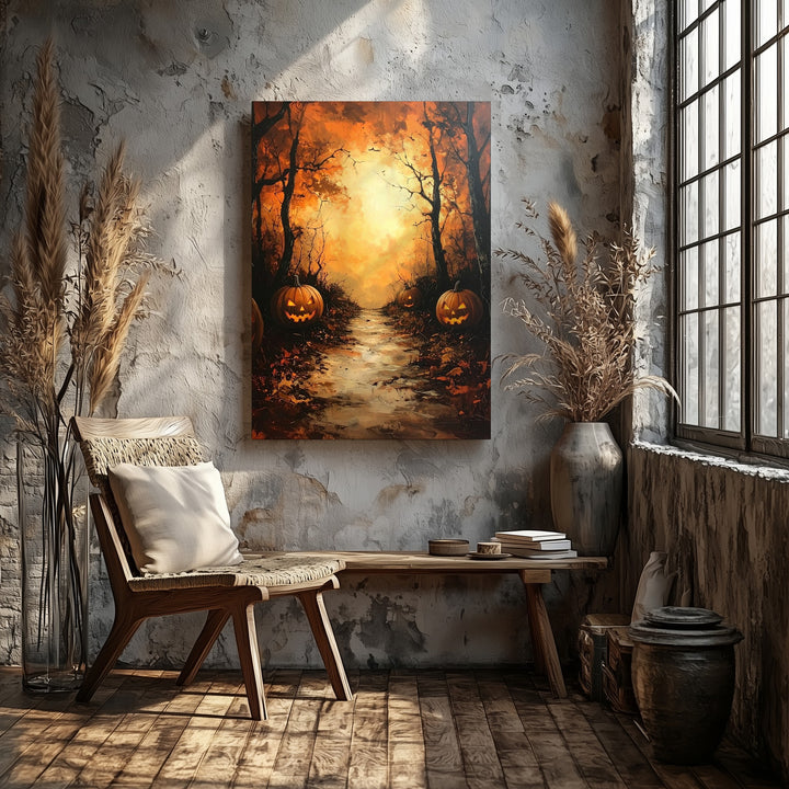 Winding Autumn Trail Canvas – Jack-O'-Lantern Path with Glowing Horizon - Gifitto