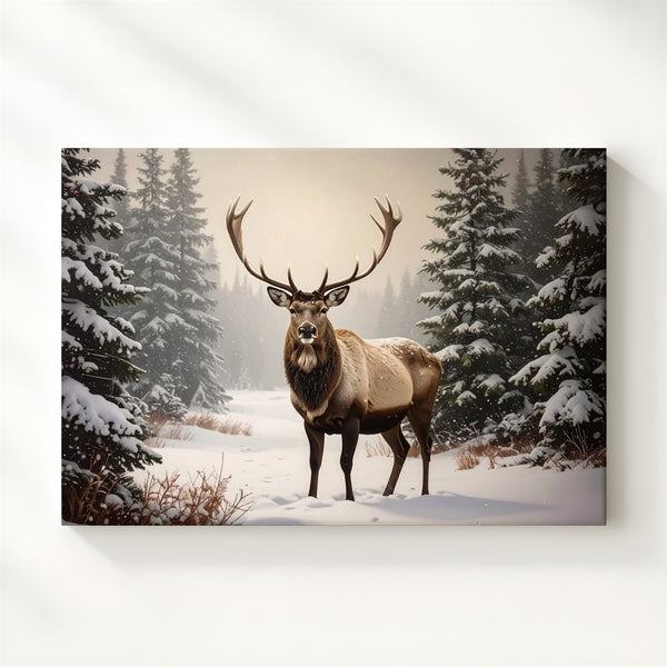 Majestic Reindeer Canvas – Serene Winter Forest with Snow-Covered Pines - Gifitto