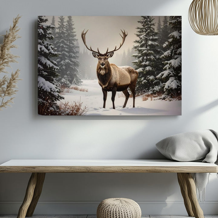 Majestic Reindeer Canvas – Serene Winter Forest with Snow-Covered Pines - Gifitto