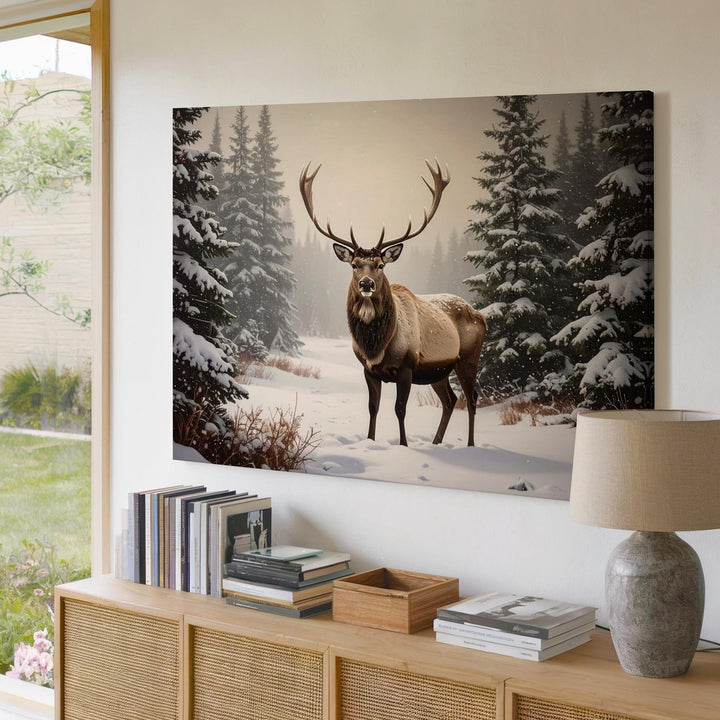 Majestic Reindeer Canvas – Serene Winter Forest with Snow-Covered Pines - Gifitto