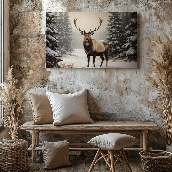 Majestic Reindeer Canvas – Serene Winter Forest with Snow-Covered Pines - Gifitto