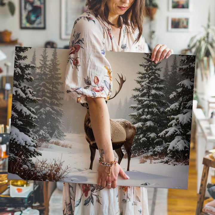 Majestic Reindeer Canvas – Serene Winter Forest with Snow-Covered Pines - Gifitto