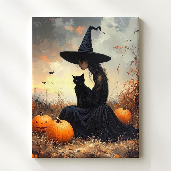 Witch & Cat at Dusk Canvas – Mystical Autumn Wall Art with Pumpkins - Gifitto