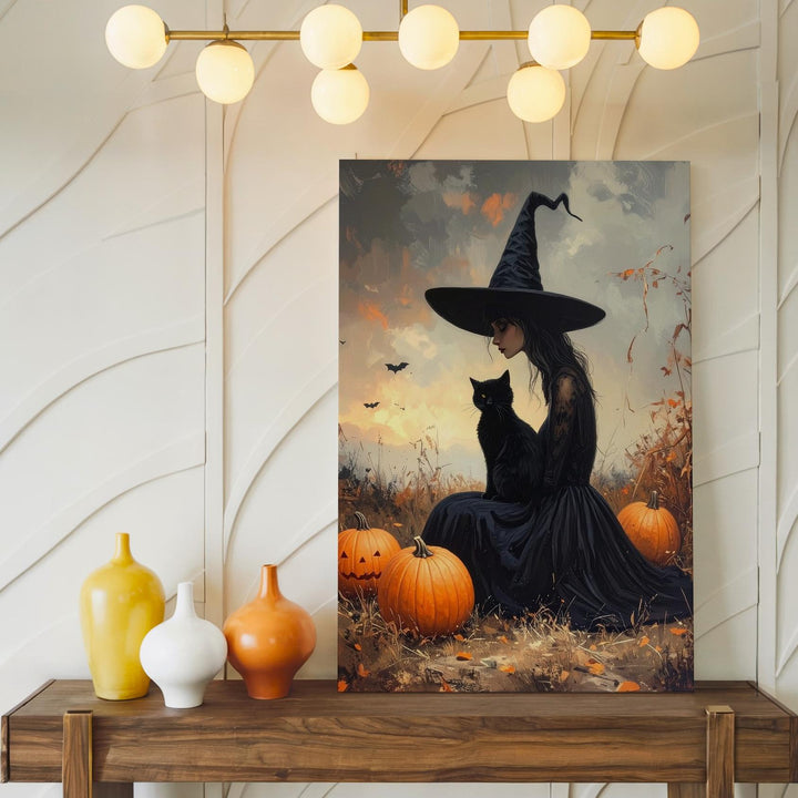 Witch & Cat at Dusk Canvas – Mystical Autumn Wall Art with Pumpkins - Gifitto