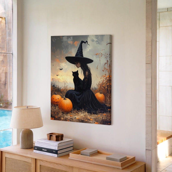 Witch & Cat at Dusk Canvas – Mystical Autumn Wall Art with Pumpkins - Gifitto