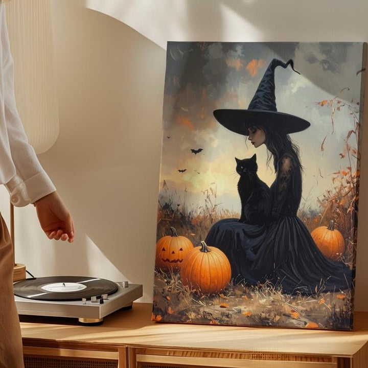 Witch & Cat at Dusk Canvas – Mystical Autumn Wall Art with Pumpkins - Gifitto
