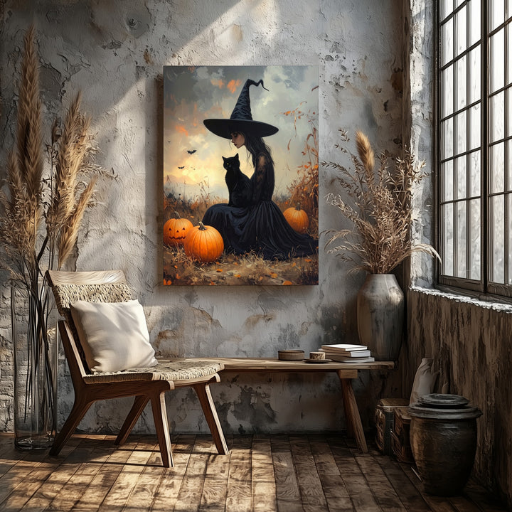Witch & Cat at Dusk Canvas – Mystical Autumn Wall Art with Pumpkins - Gifitto