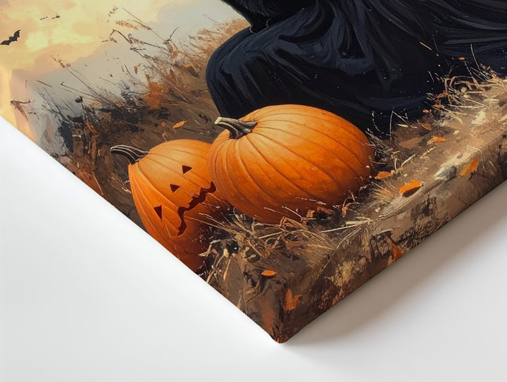 Witch & Cat at Dusk Canvas – Mystical Autumn Wall Art with Pumpkins - Gifitto