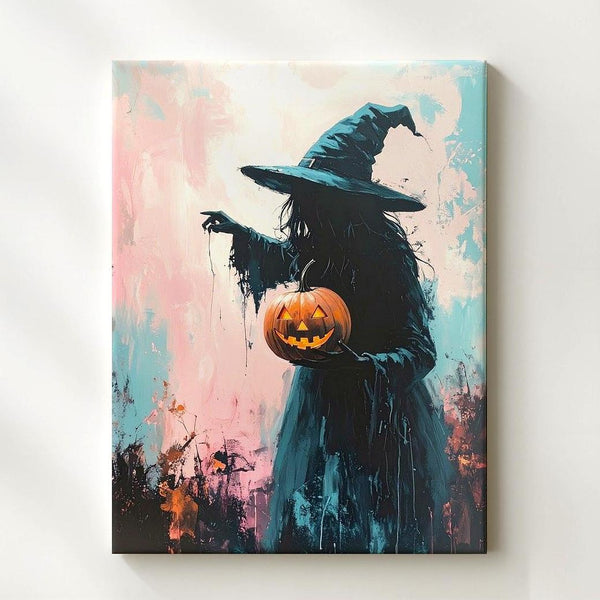 Witch & Lantern Silhouette Canvas – Soft Impressionist Halloween Art - Gifitto